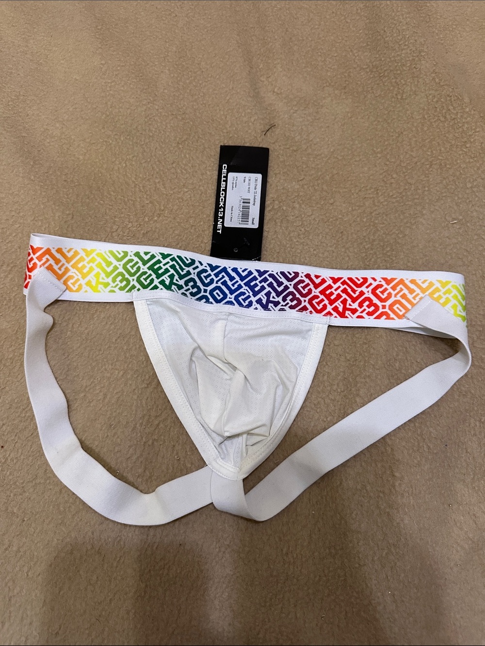 White Men's Jockstrap with Rainbow Patterned Waistband